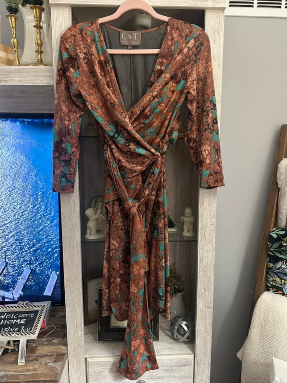 Brown Floral Wrap Midi Dress with Teal Accents
